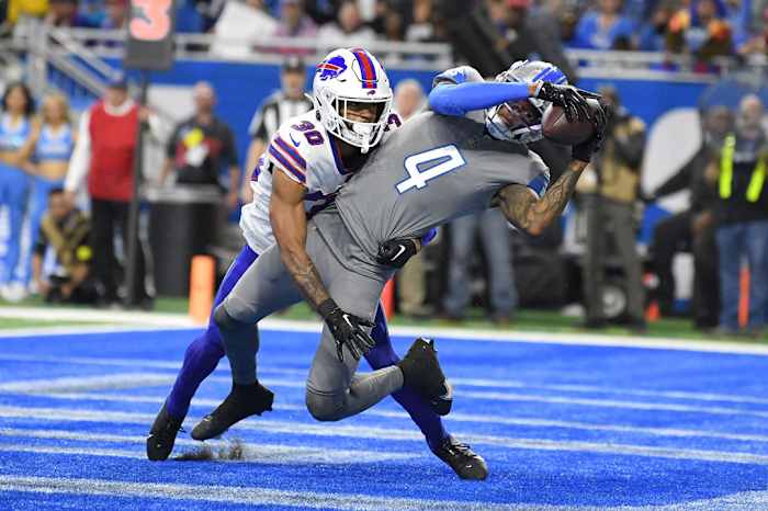 Detroit Lions DJ Chark secures reception against Buffalo Bills